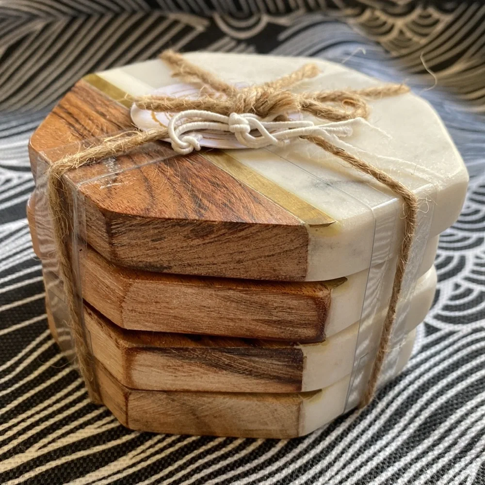 NWT - Gorgeous Octagon Coasters - marble & wood w/ metal accent